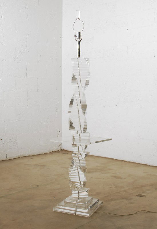 Lucite Floor/Table Lamp, Manner of Karl Springer: Designer & Manufacturer: Charles Hollis Jones/Karl Springer, Manner of Markings: none Country of Origin & Materials: unknown; lucite, metal Additional Information & Circa: Quality stacked and twisted