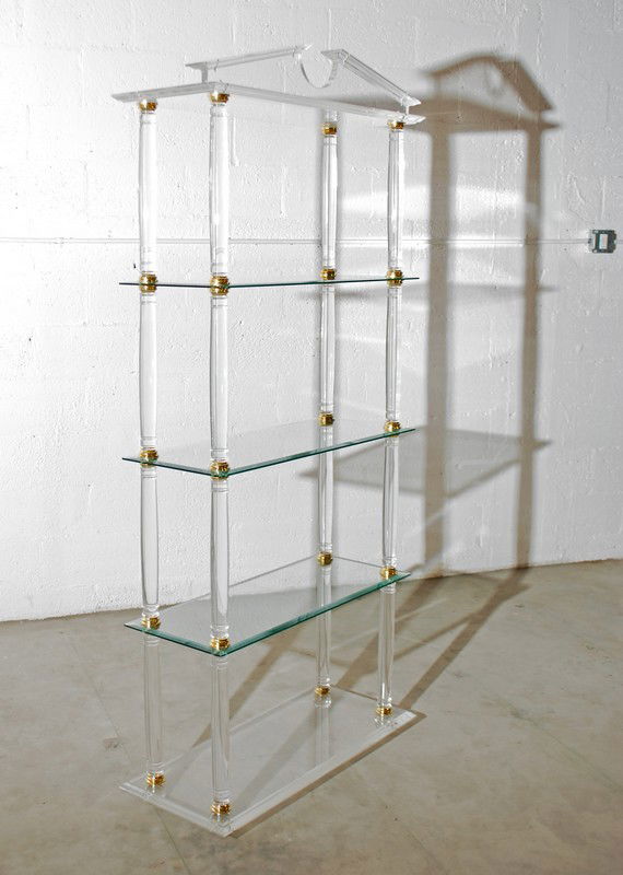Lucite Etagere, Manner of Karl Springer: Designer & Manufacturer: Karl Springer, Manner of Markings: none Country of Origin & Materials: unknown; lucite, brass, glass Additional Information & Circa: Quality lucite, brass and glass etagere in