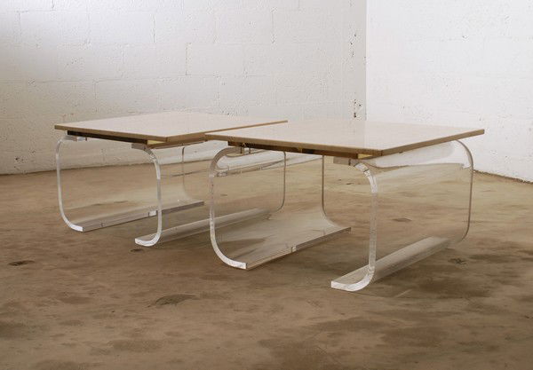 Pair of Lucite & Travertine Side Tables: Designer & Manufacturer: Karl Springer, Manner of Markings: none Country of Origin & Materials: unknown; lucite, travertine, brass Additional Information & Circa: Pair of quality lucite and travertine