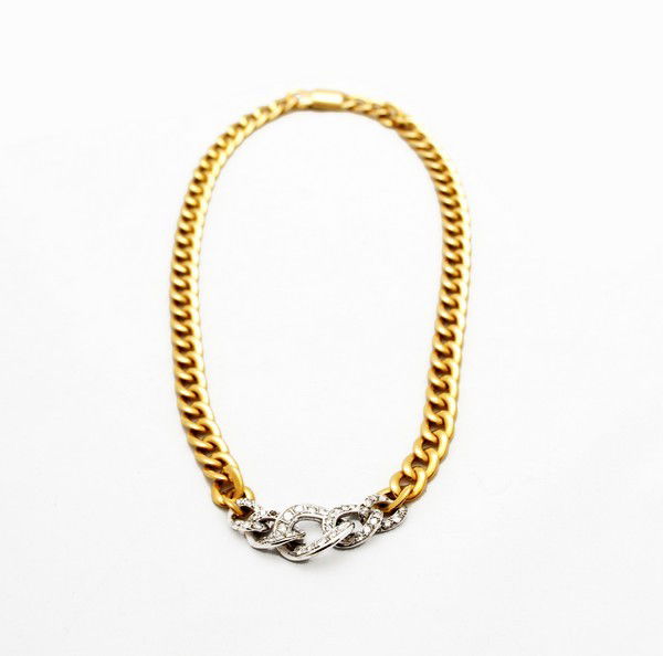 18K Gold & Diamond Chimento Necklace: Markings: marked Country of Origin & Materials: 18K gold, diamonds Additional Information & Circa: Chimento necklace of 18K gold flat polished chain and diamonds. Diamonds estimate .85 carats, GH SI1.