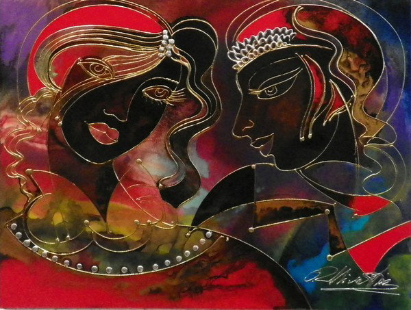 Oleg Zhivetin Painting: Designer & Manufacturer: Oleg Zhivetin Markings: signed Country of Origin & Materials: Russia, USA; mixed media Additional Information & Circa: Vibrant mixed media painting "Romeo and Juliet" by Oleg 