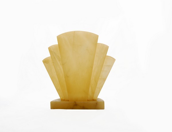 Scaglione Alabaster Table Lamp: Markings: label Country of Origin & Materials: Italy; scaglione alabaster Additional Information & Circa: Art Deco style scaglione alabaster lamp; c. 1940 Dimensions: 12"h, 11.75"w, 4"d