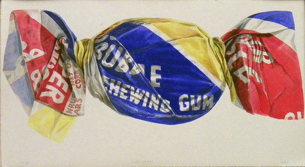 Don Nice Watercolor "Bubble Gum": Designer & Manufacturer: Don Nice Markings: signed, dated Country of Origin & Materials: USA; watercolor, paper Additional Information & Circa: "Bubble Gum" watercolor in finished corner metal frame b