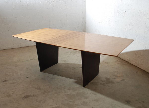 Edward Wormley Dining Table #5460: Designer & Manufacturer: Edward Wormley; Dunbar Markings: label Country of Origin & Materials: USA; mahogany, tawi, brass Additional Information & Circa: Dining table (#5460) with three 12"w leaves de