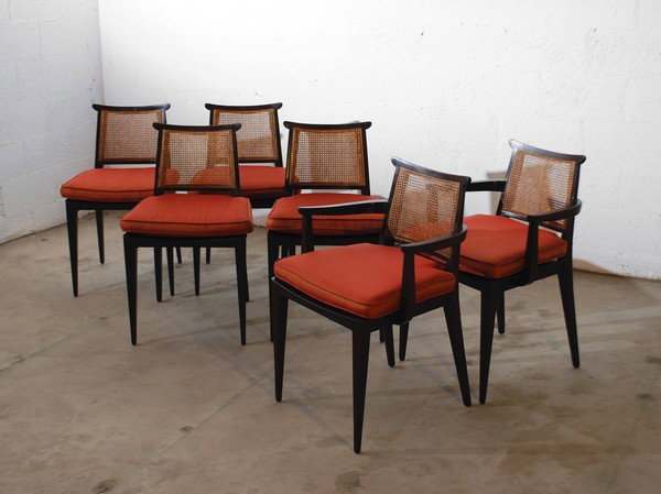 Edward Wormley Dining Chairs, Set of 6: Designer & Manufacturer: Edward Wormley; Dunbar Markings: label Country of Origin & Materials: USA; cane, mahogany, upholstery Additional Information & Circa: Fine set of six dining chairs, two arm (#