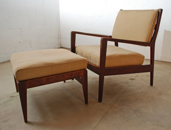Jens Risom Chair & Ottoman: Designer & Manufacturer: Jens Risom Markings: marked Country of Origin & Materials: USA; wood, upholstery Additional Information & Circa: Lounge chair & ottoman by Jens Risom; c. 1960 Dimensions: cha