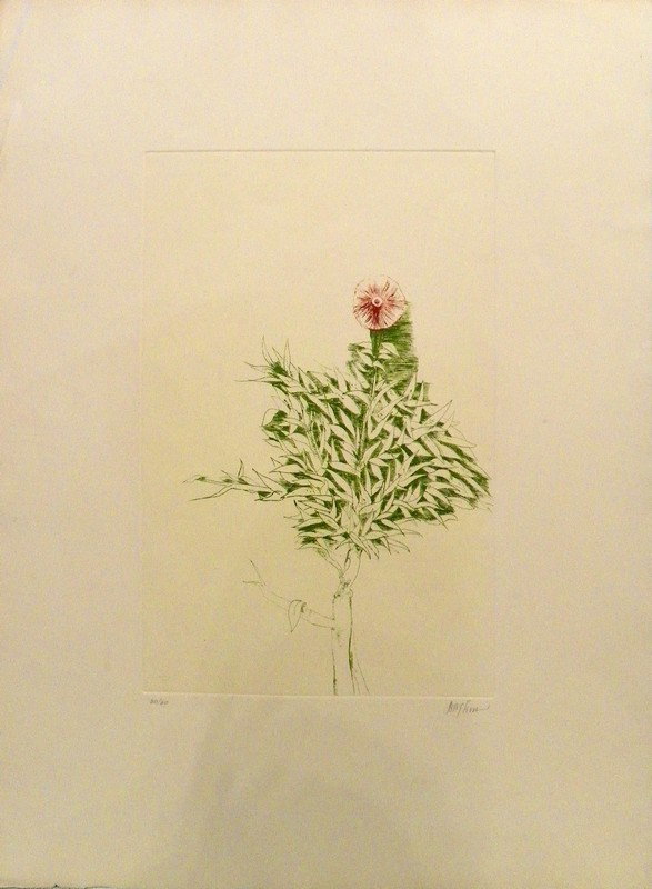 Leonard Baskin "Red Flower" Etching: Designer & Manufacturer: Leonard Baskin Markings: signed, numbered Country of Origin & Materials: USA; paper Additional Information & Circa: Hand colored etching "Red Flower" by Leonard Baskin (1922-2