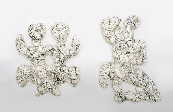 Frederick Weinberg Hanging Sculptures: Designer & Manufacturer: Frederick Weinberg Markings: none Country of Origin & Materials: USA; pottery Additional Information & Circa: Pair of mid-century wall sculptures by Frederick Weinberg; c. 195