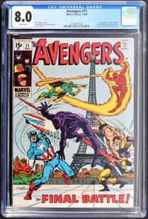 Marvel Comics THE AVENGERS #71, CGC 8.0: Artist/Designer; Manufacturer: Sal Buscema, Stan Lee, Sam Rosen, Roy Thomas; Marvel Comics Marking(s); notes: no signatures/marking(s); Nov. 30, 1969 Country of origin; materials: USA; paper Dimension