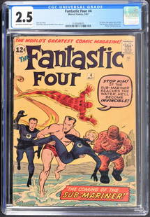 Marvel Comics THE FANTASTIC FOUR #4, CGC 2.5: Artist/Designer; Manufacturer: Jack Kirby, Stan Lee; Marvel Comics Marking(s); notes: no signatures/marking(s); Feb. 8, 1962 Country of origin; materials: USA; paper Dimensions (H, W, D): 13"h, 8.5"w