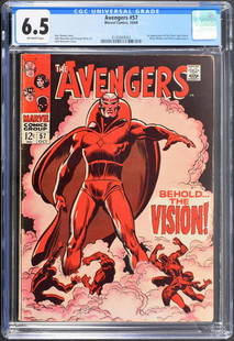 Marvel Comics THE AVENGERS #57, CGC 6.5: Artist/Designer; Manufacturer: John Buscema, Stan Lee, Sam Rosen, Marie Severin, Roy Thomas; Marvel Comics Marking(s); notes: no signatures/marking(s); Sep. 30, 1968 Country of origin; materials: