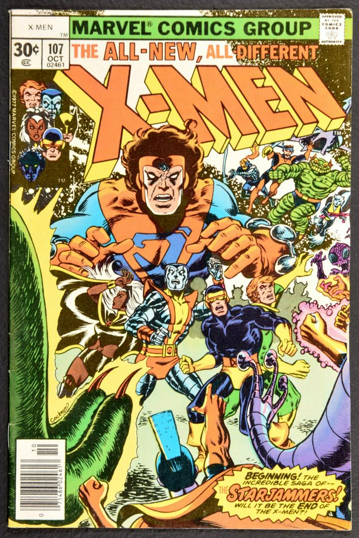 Marvel Comics X-MEN #107: Artist/Designer; Manufacturer: Chris Claremont, Dave Cockrum, Dan Crespi, Archie Goodwin, Joe Rosen, Andy Yanchus; Marvel Comics Marking(s); notes: no signatures/marking(s); Oct. 10, 1977 Country of o