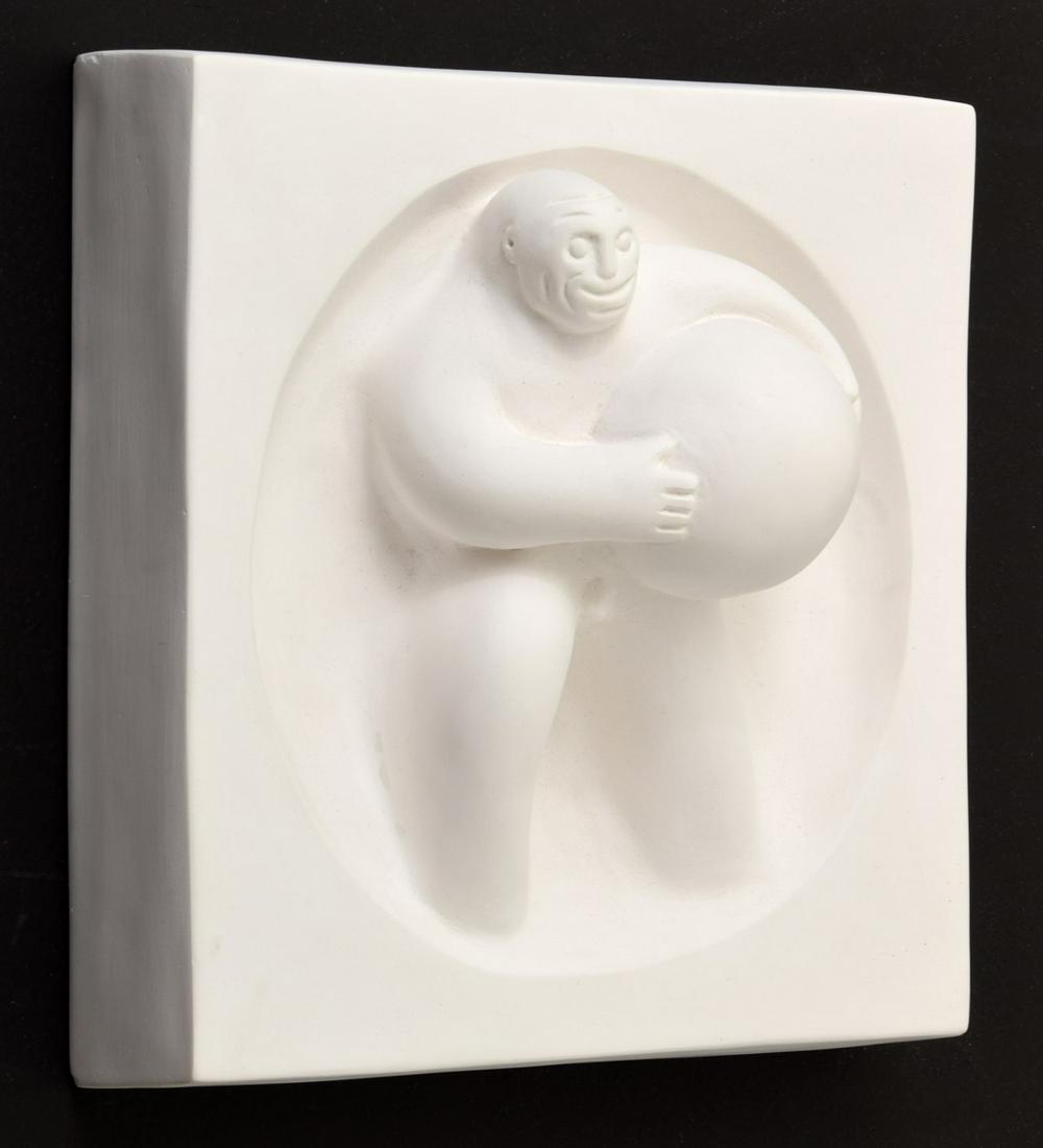 Tom Otterness "Worker" Relief Sculpture: Artist/Designer; Manufacturer: Tom Otterness (b. 1952) Marking(s); notes: signed, marking(s); 1988 Country of origin; materials: American; cast hydrocal with natural finish Dimensions (H, W, D): 11"h,