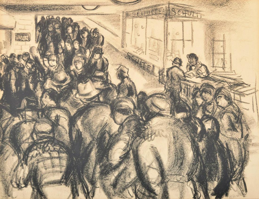 Bernard Gussow Drawing, City Crowd Scene: Artist/Designer; Manufacturer: Bernard Gussow (1881-1957) Marking(s); notes: signed Country of origin; materials: Russian; charcoal on paper Dimensions (H, W, D): 14"h, 18.25"w; 21.5"h, 25.5"w fra