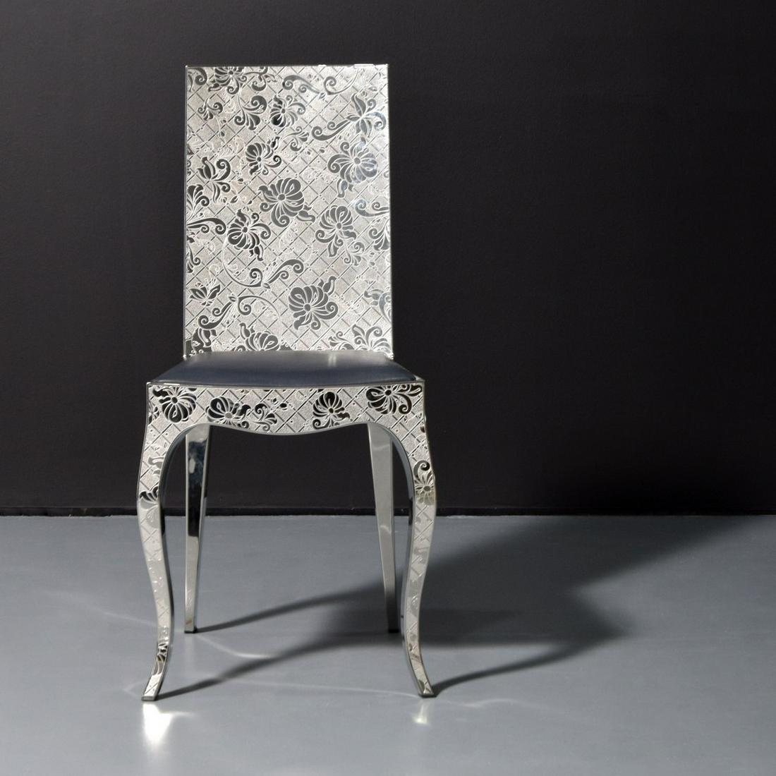 Marcel Wanders for Christofle "Garden of Eden" Chair: Artist/Designer; Manufacturer: Marcel Wanders (b. 1963); Christofle Marking(s); notes: signed Country of origin; materials: France; stainless steel, leather Dimensions (H, W, D): 35.75"h, 17"w, 17