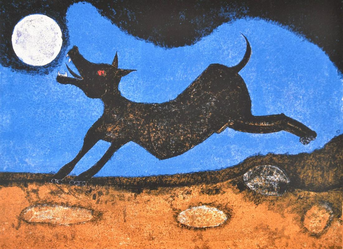 Rufino Tamayo "Perro Ladrando a la Luna" Lithograph, Signed Edition: Artist/Designer; Manufacturer: Rufino Tamayo (1899-1991) Marking(s); notes: signed, blind stamp; ed. 6/40; 1988 Country of origin; materials: Mexican; lithograph Dimensions (H, W, D): 24.5"h, 35"w