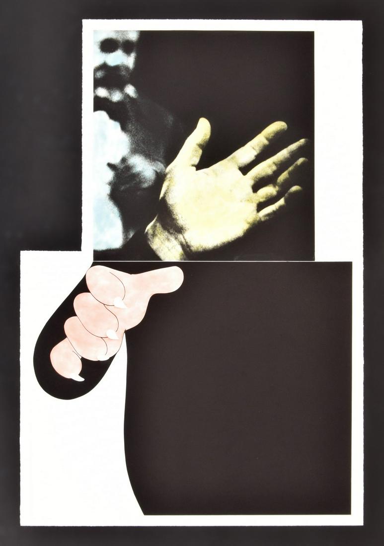 John Baldessari "Two Hands" Print, Signed Edition, 53"H: Artist/Designer; Manufacturer: John Baldessari (1931-2020) Marking(s); notes: signed, Branstead Studio blind stamp; AP 9/11 for the edition of 45; 1989-1990 Country of origin; materials: American;