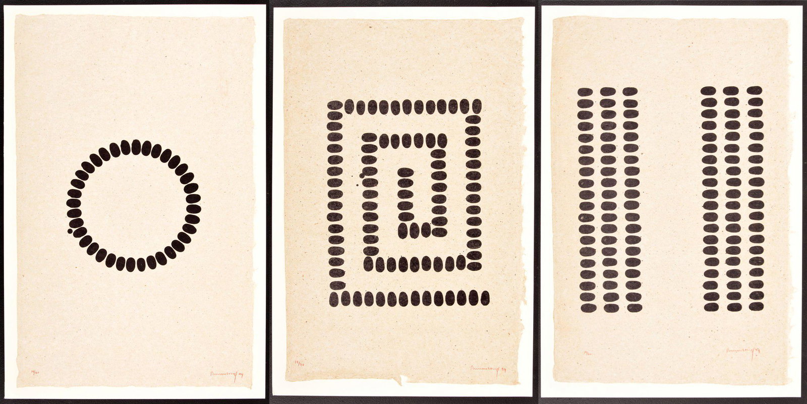 3 Richard Long Geometric Lithographs, Signed Editions: Artist/Designer; Manufacturer: Richard Long (b. 1945) Marking(s); notes: signed; ed. 19/40; 1994 (all) Country of origin; materials: British; lithograph Dimensions (H, W, D): 32.25"h, 20.25"w; 34.