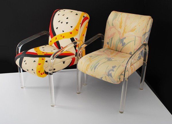 Pair of Lucite Armchairs, Manner of Hollis Jones: Designer & Manufacturer: Charles Hollis Jones, Manner of Markings: none Country of Origin & Materials: USA; lucite, upholstery Additional Information & Circa: Pair of lucite arm chairs in the manner o