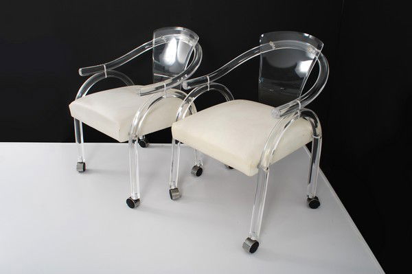 Pair of Lucite Armchairs, Manner of Springer: Designer & Manufacturer: Karl Springer, Manner of Markings: none Country of Origin & Materials: USA; lucite, upholstery Additional Information & Circa: Pair of quality lucite armchairs in the manner o