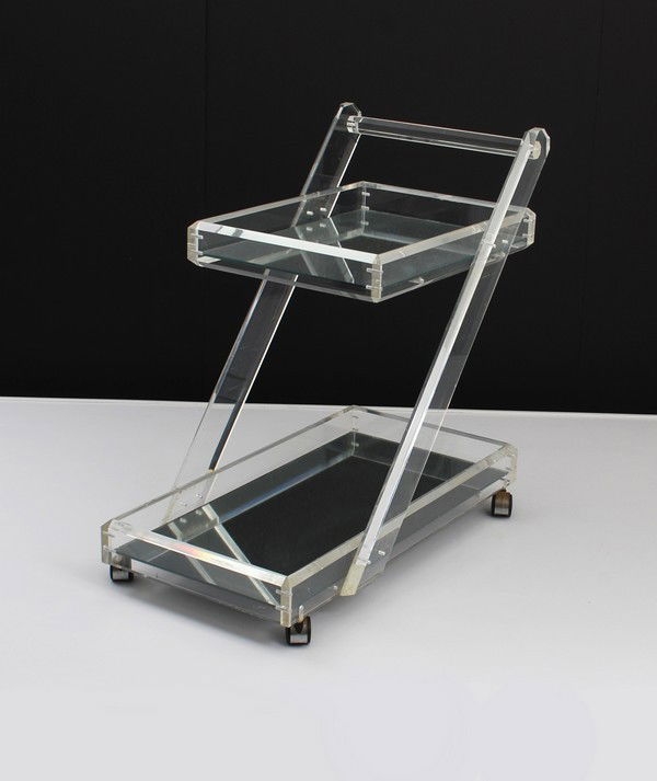 Lucite Tea Cart, Manner of Hollis Jones: Designer & Manufacturer: Charles Hollis Jones, Manner of Markings: marked; dated Country of Origin & Materials: USA; lucite, mirror, metal, plastic Additional Information & Circa: Quality thick lucite