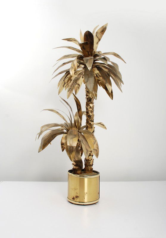 Floor Sculpture, Manner of Maison Jansen: Designer & Manufacturer: Maison Jansen, Manner of Markings: none Country of Origin & Materials: unknown; brass, other Additional Information & Circa: Large palm tree floor sculpture, brass with burnis