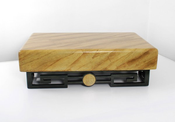 Cocktail Table, Manner of James Mont: Designer & Manufacturer: James Mont, Manner of Markings: none Country of Origin & Materials: unknown; wood, skin Additional Information & Circa: Coffee table with Greek key base in the manner of James