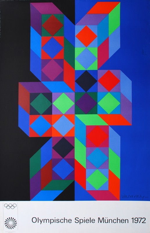 Victor Vasarely Olympic Games Poster, 1972: Country of Origin & Materials: silk screen Additional Information & Circa: Original vintage poster for the Olympic Games "Olympishe Spiele Munchen", Victor Vasarely (1908-1997); 1972 Dimensions(H,W,D)