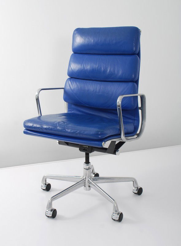 Charles & Ray Eames "Soft Pad" Chair: Designer & Manufacturer: Charles & Ray Eames; Herman Miller Markings: marked Country of Origin & Materials: USA; aluminum, leather Additional Information & Circa: "Soft Pad" arm chair designed by Char