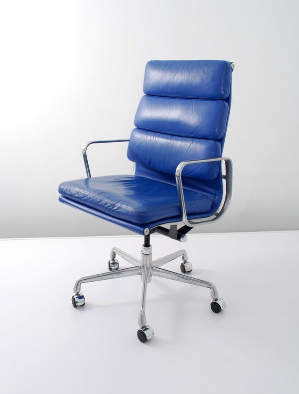 Charles & Ray Eames "Soft Pad" Chair: Designer & Manufacturer: Charles & Ray Eames; Herman Miller Markings: none Country of Origin & Materials: USA; aluminum, leather Additional Information & Circa: "Soft Pad" arm chair designed by Charle