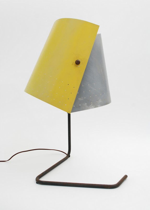 Rare Lester Geis Table Lamp: Designer & Manufacturer: Lester Geis; Heifetz Manufacturing Co. Markings: none Country of Origin & Materials: USA; metal Additional Information & Circa: Fine & rare "T-5-G" table lamp by Lester Geis