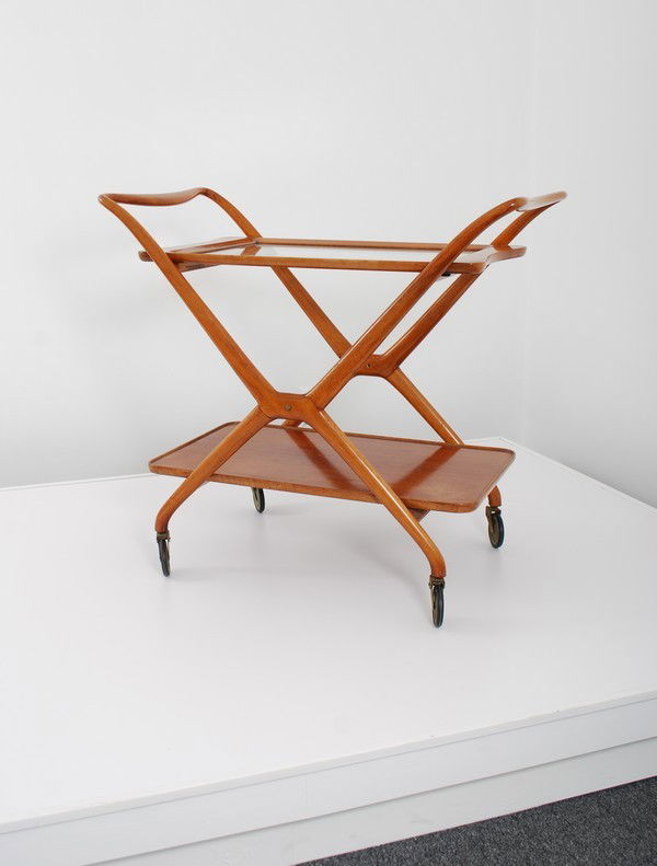 Ico & Luisa Parisi Bar/Tea Cart: Designer & Manufacturer: Ico & Luisa Parisi; A. De Baggis Markings: marked Country of Origin & Materials: Italy; walnut, metal, rubber, glass Additional Information & Circa: Fine, sculptural tea cart