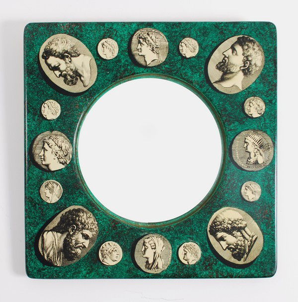 Rare Piero Fornasetti Mirror: Designer & Manufacturer: Piero Fornasetti; Fornasetti Milano Markings: marked Country of Origin & Materials: Italy; wood, glass Additional Information & Circa: Lithographic transfer print with hand-co