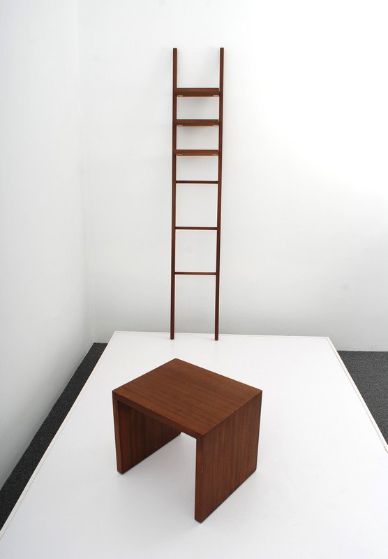 Philippe Starck Stand & Bench: Designer & Manufacturer: Philippe Starck Markings: marked Country of Origin & Materials: wood Additional Information & Circa: Accessory stand with 3 shelves, 3 rungs, & matching bench/table by Philipp
