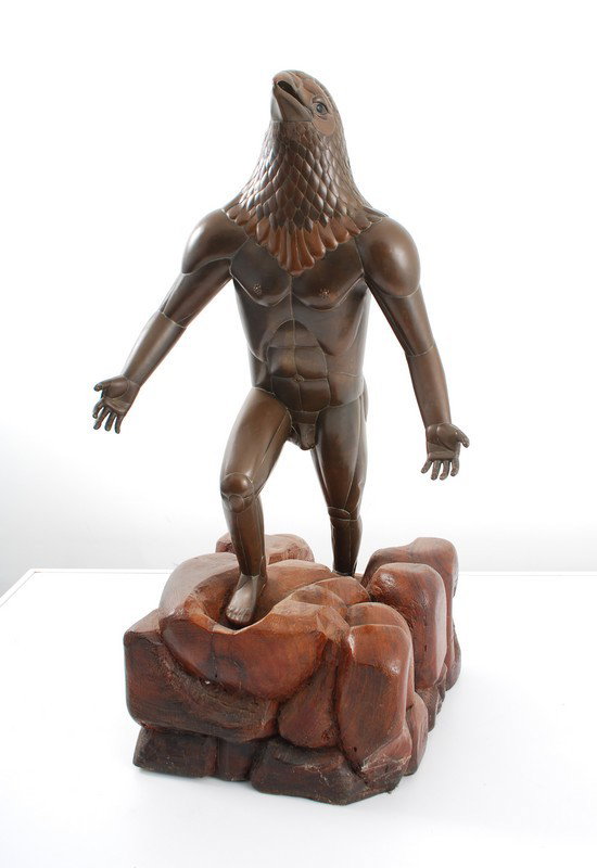 Large Sculpture by Mario Gonzales: Designer & Manufacturer: Mario Gonzales Markings: marked; e. 8/100 Country of Origin & Materials: Mexico; metal, wood Additional Information & Circa: Large man/eagle sculpture by Mario Gonzales; c. 19