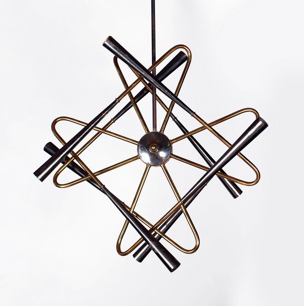 Gino Sarfatti Chandelier: Designer & Manufacturer: Gino Sarfatti Markings: none Country of Origin & Materials: Italy; mixed metals Additional Information & Circa: Quality chandelier by Gino Sarfatti; c. 1950 (Key Word Search: 