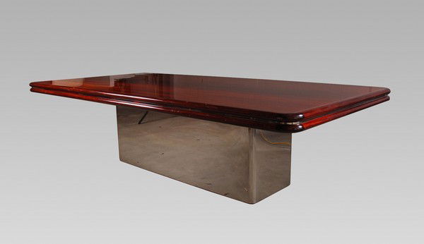 Large Brueton Dining/Conference Table: Designer & Manufacturer: Brueton Markings: none Country of Origin & Materials: USA; mahogany, chrome Additional Information & Circa: Quality massive mahogany dining table by Brueton; c. 1970 (Key Word