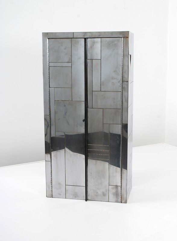 Bar/Cabinet by Paul Evans: Designer & Manufacturer: Paul Evans; Directional Markings: none Country of Origin & Materials: USA; chromed steel, wood Additional Information & Circa: "Cityscape' bar/cabinet with one adjustable shel