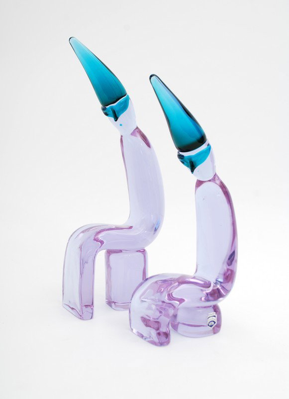 Pair of "Alexandrite" Glass Figurines by Cenedese: Designer & Manufacturer: Cenedese Markings: marked Country of Origin & Materials: Italy; glass Additional Information & Circa: Fine pair of "Alexandrite" glass masked figures by Cenedese; c. 1960 (Key