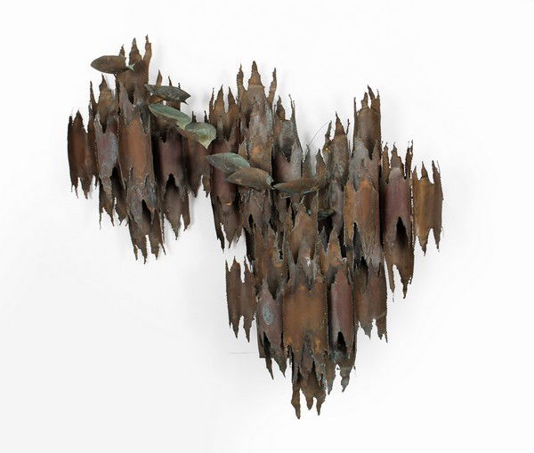 Copper Wall Sculpture/Fountain: Designer & Manufacturer: Curtis Jere; Manner of Markings: none Country of Origin & Materials: unknown; copper Additional Information & Circa: Brutalist copper wall sculpture/fountain in the manner of
