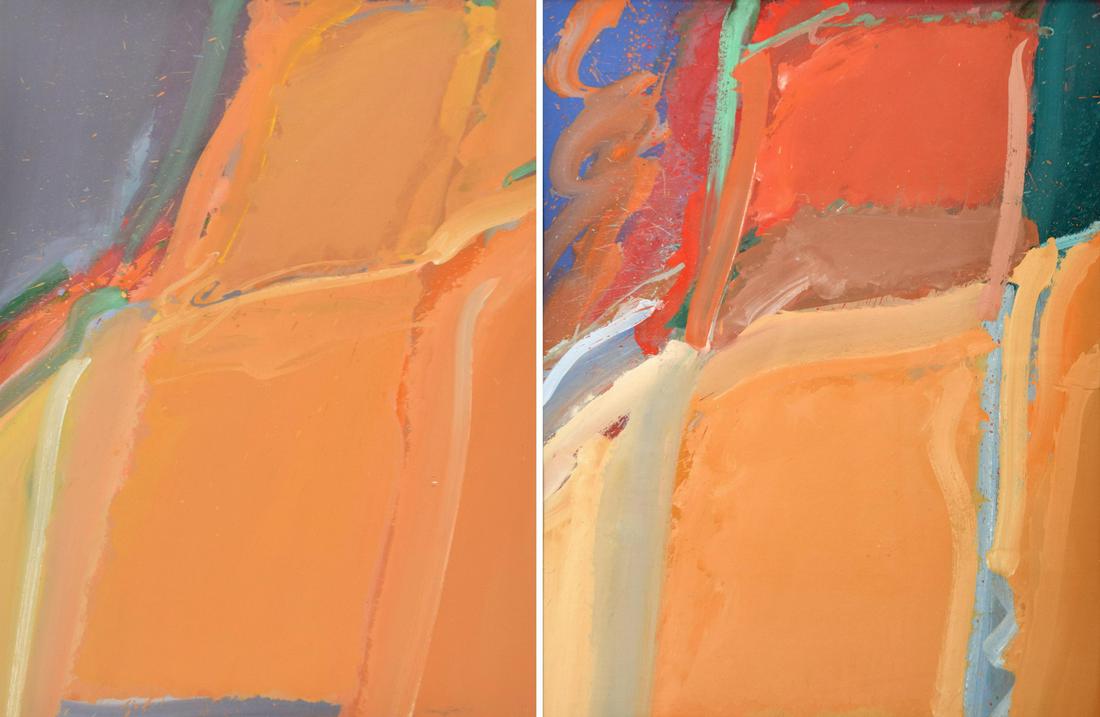 2 James Byrd Abstract Gouache Paintings: Artist/Designer; Manufacturer: James Byrd (b. 1935) Marking(s); notes: one visibly signed and dated, one with no marking(s) apparent (probably concealed by framing; consignor's records state signed lo