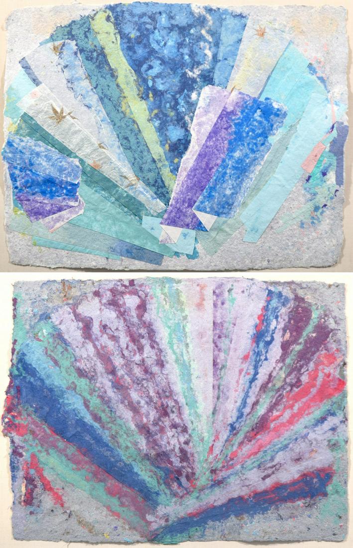 2 Margie Hughto Collages on Handmade Paper: Artist/Designer; Manufacturer: Margie Hughto (b. 1944) Marking(s); notes: signed; circa 1982-1983 per consignor's records Country of origin; materials: American; dyed handmade paper Dimensions (H, W,