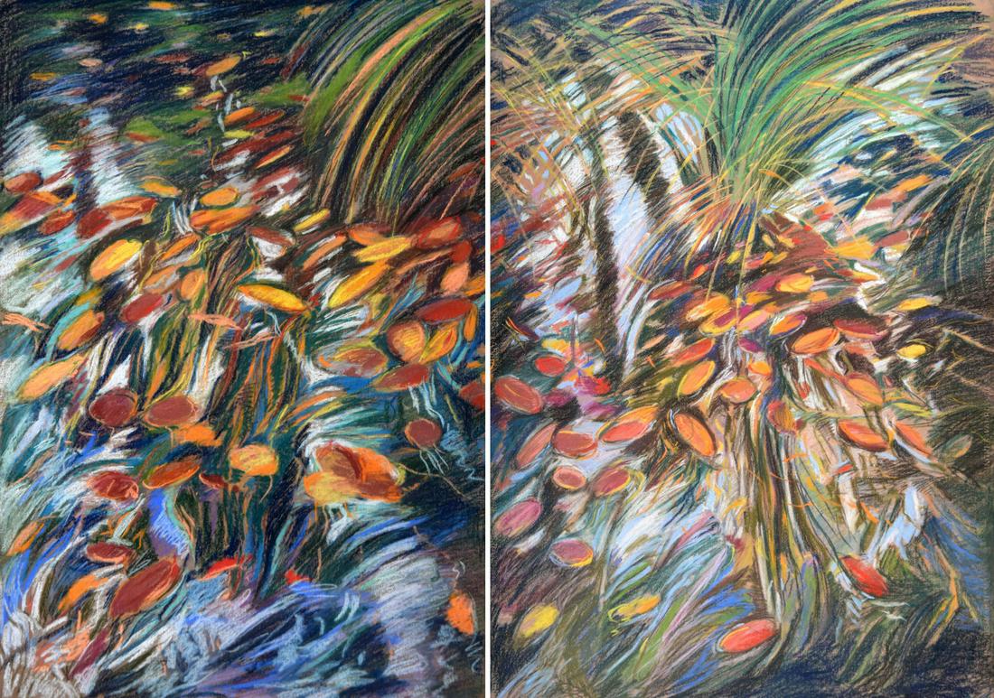Lisa Brody Pastel Drawing, Diptych: Artist/Designer; Manufacturer: Lisa Brody (20th/21st C.) Marking(s); notes: one sheet signed Country of origin; materials: American; pastel on paper Dimensions (H, W, D): 39"h, 27.25"w; 40"h, 28"w fra