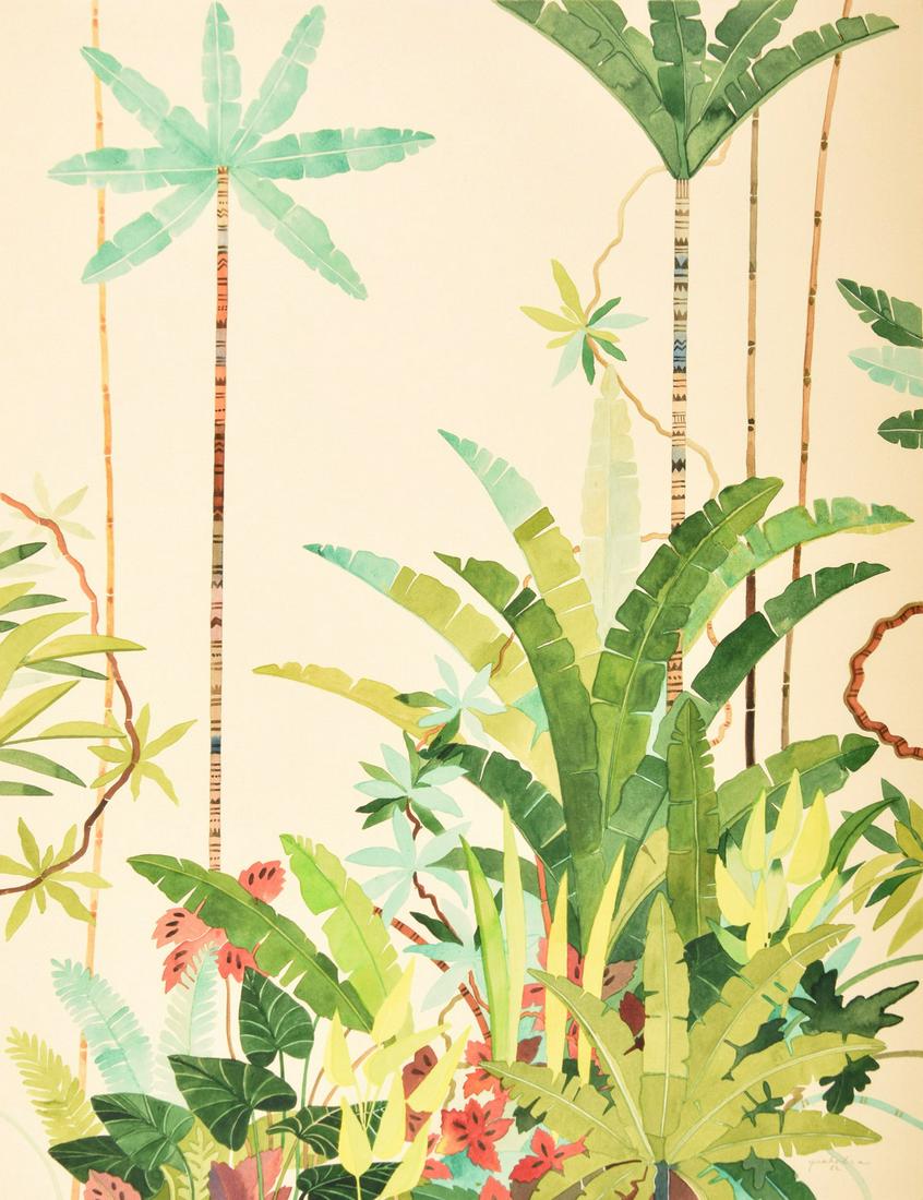 Ron Yrabedra Watercolor Painting, Jungle Plants: Artist/Designer; Manufacturer: Ron Yrabedra (1944-2022) Marking(s); notes: signed; 1982 Country of origin; materials: American; watercolor on paper Dimensions (H, W, D): 30"h, 22.5"w; 37.5"h, 29"w fra
