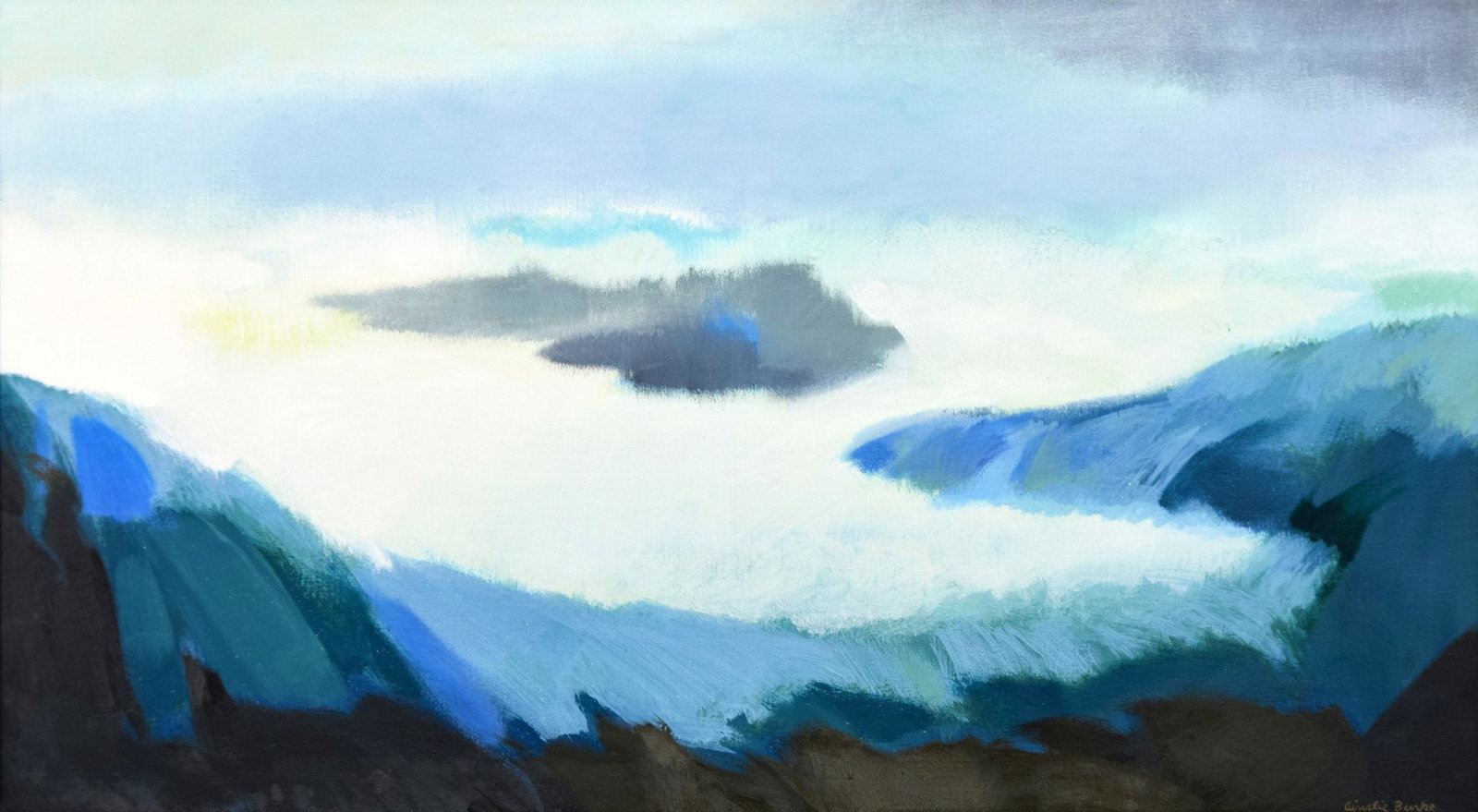 Ainslie Burke Landscape Painting: Artist/Designer; Manufacturer: Ainslie Burke (1922-1991) Marking(s); notes: signed; 1971 per consignor's records Country of origin; materials: American; canvas Dimensions (H, W, D): 27.75"h, 49.75"w; 