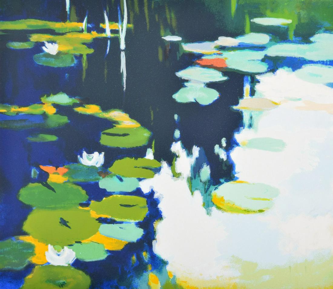 Tadashi Asoma WATER LILIES Screenprint, Signed Edition: Artist/Designer; Manufacturer: Tadashi Asoma (1923-2017) Marking(s); notes: signed; ed. 88/120 Country of origin; materials: Japanese; screenprint Dimensions (H, W, D): 19.5"h, 24"w; 28"h, 32"w frame