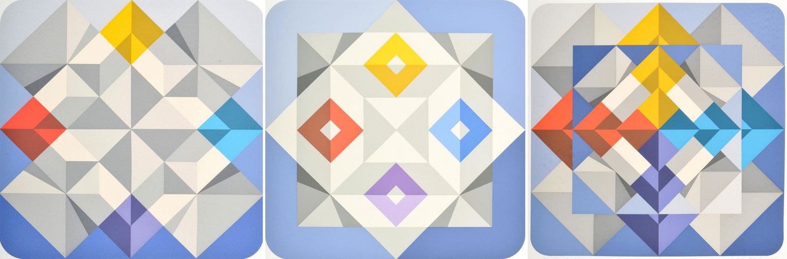 3 Marko Spalatin Geometric Serigraphs, Signed Editions: Artist/Designer; Manufacturer: Marko Spalatin (b. 1945) Marking(s); notes: signed; ed. 51/70 (both "Chiapas"), ed. 26/70 ("Mistral") Country of origin; materials: Croatian; serigraph Dimensions (H, W,