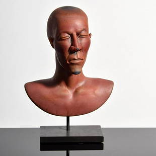 Ross Richmond Glass PORTRAIT Bust / Sculpture: Artist/Designer; Manufacturer: Ross Richmond (b. 1971) Marking(s); notes: signed; 2006 Country of origin; materials: American; blown and hot-sculpted glass, metal (stand) Dimensions (H, W, D): 10.75"h