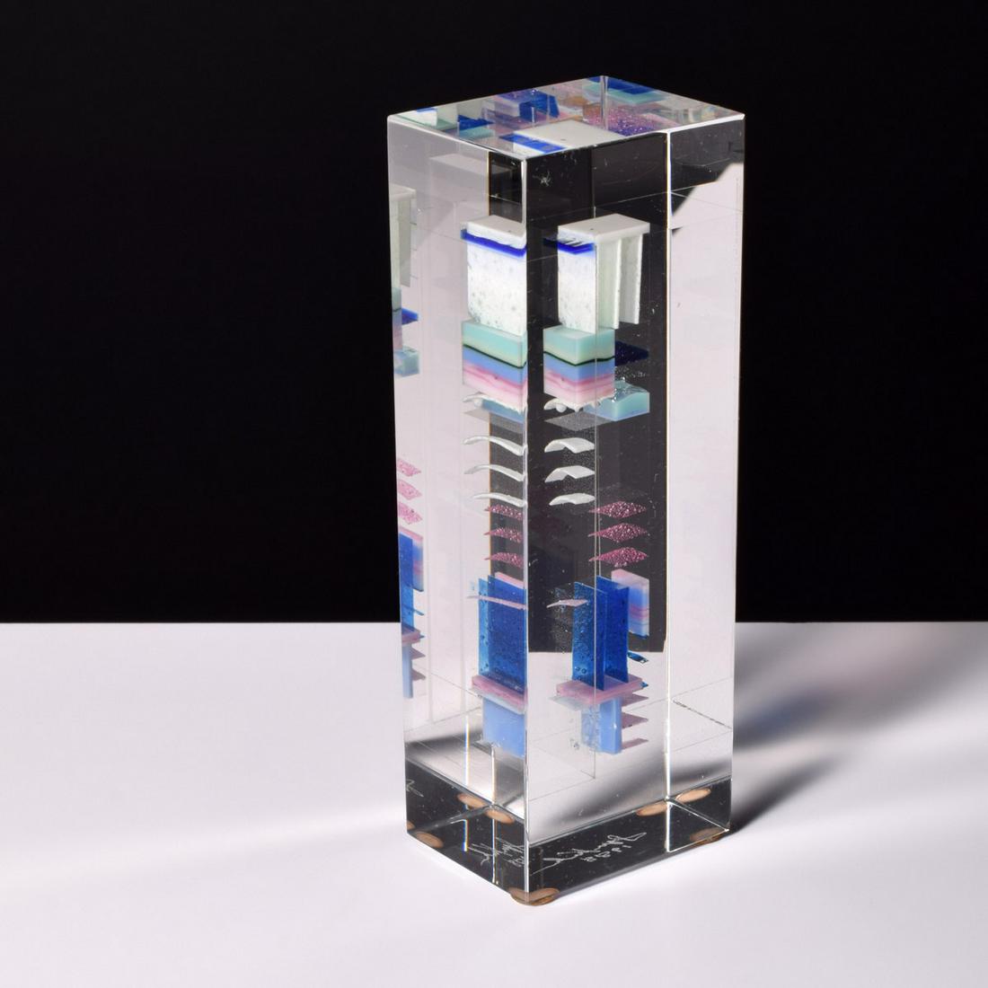 Jon Kuhn Glass Sculpture: Artist/Designer; Manufacturer: Jon Kuhn (b. 1949) Marking(s); notes: signed; 1988 Country of origin; materials: American; cut, ground, polished and laminated glass Dimensions (H, W, D): 5.25"h, 2"w, 1