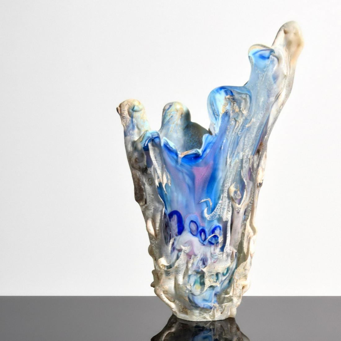 Jon Kuhn Art Glass Vase / Vessel: Artist/Designer; Manufacturer: Jon Kuhn (b. 1949) Marking(s); notes: signed; 1983 Country of origin; materials: American; chemically treated glass Dimensions (H, W, D): 11.5"h, 7.25"w, 2.25"d Addition